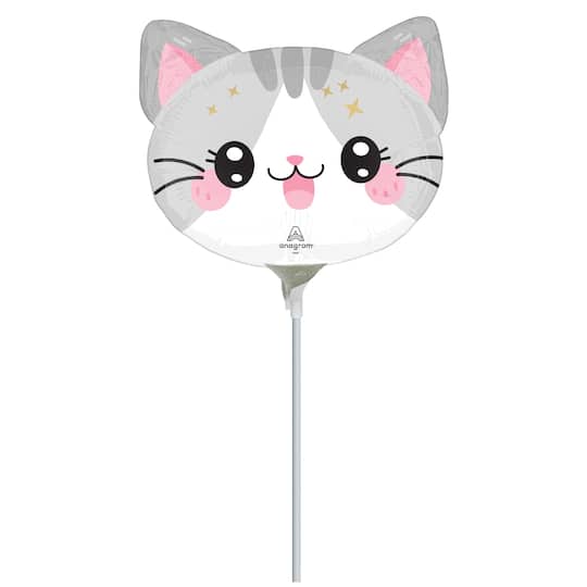 14" Pink & White Kawaii Kitty Foil Stick Balloon